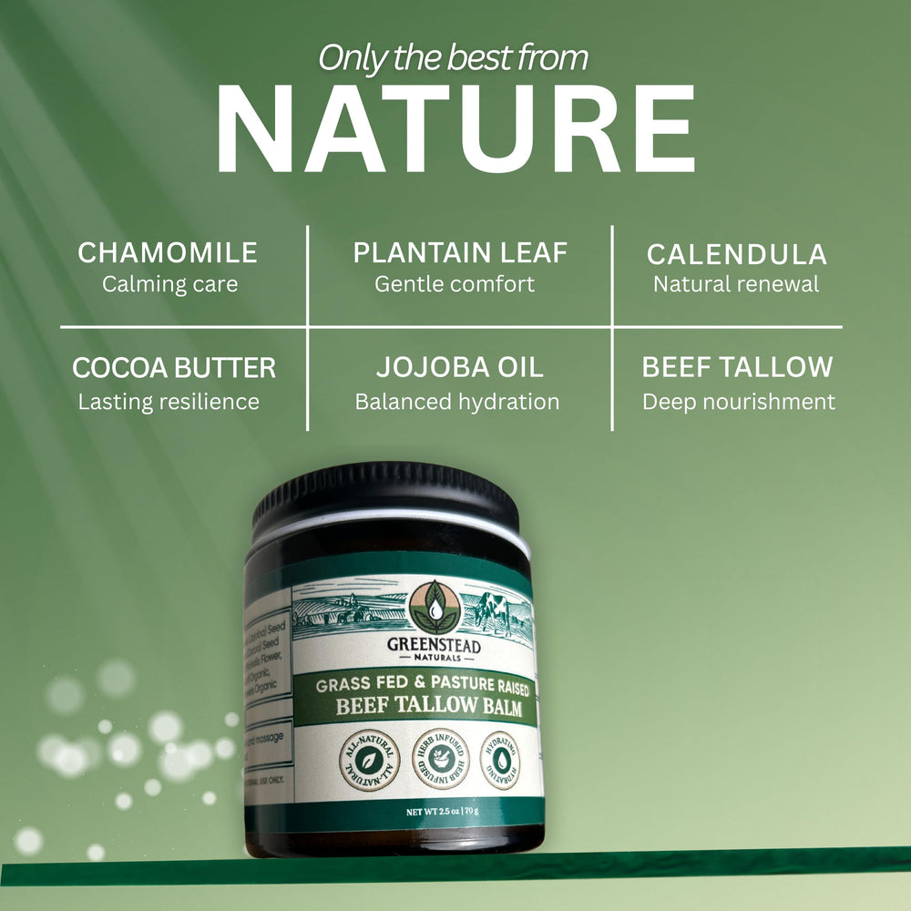 Greenstead Naturals beef tallow ingredients photo highlight jojoba oil and cocoa butter for hydration.