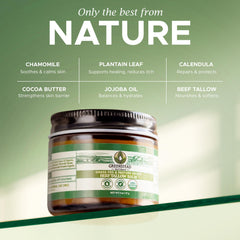 Greenstead Naturals beef tallow ingredients close-up highlighting organic herbs for skin care.