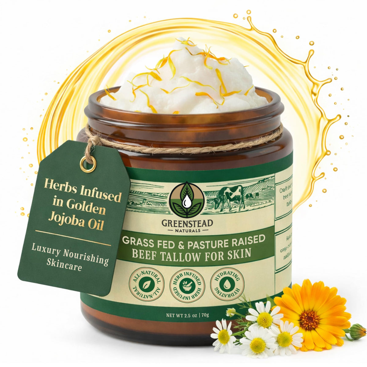 Greenstead Naturals whipped tallow balm jar close-up shows creamy texture for skin nourishment.