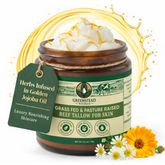Greenstead Naturals whipped tallow balm jar close-up shows creamy texture for skin nourishment.