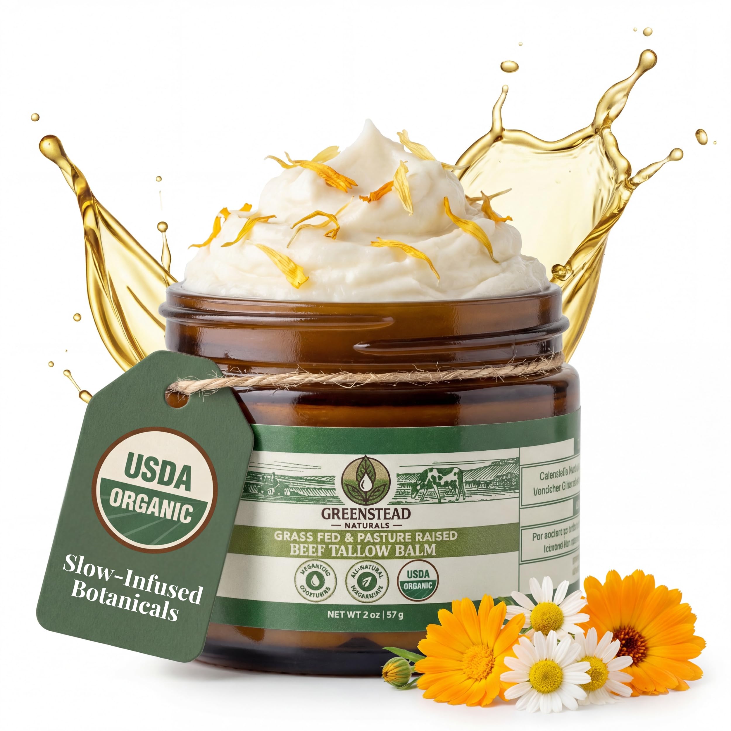 Greenstead Naturals whipped beef tallow balm in a jar provides intense moisture for dry skin.