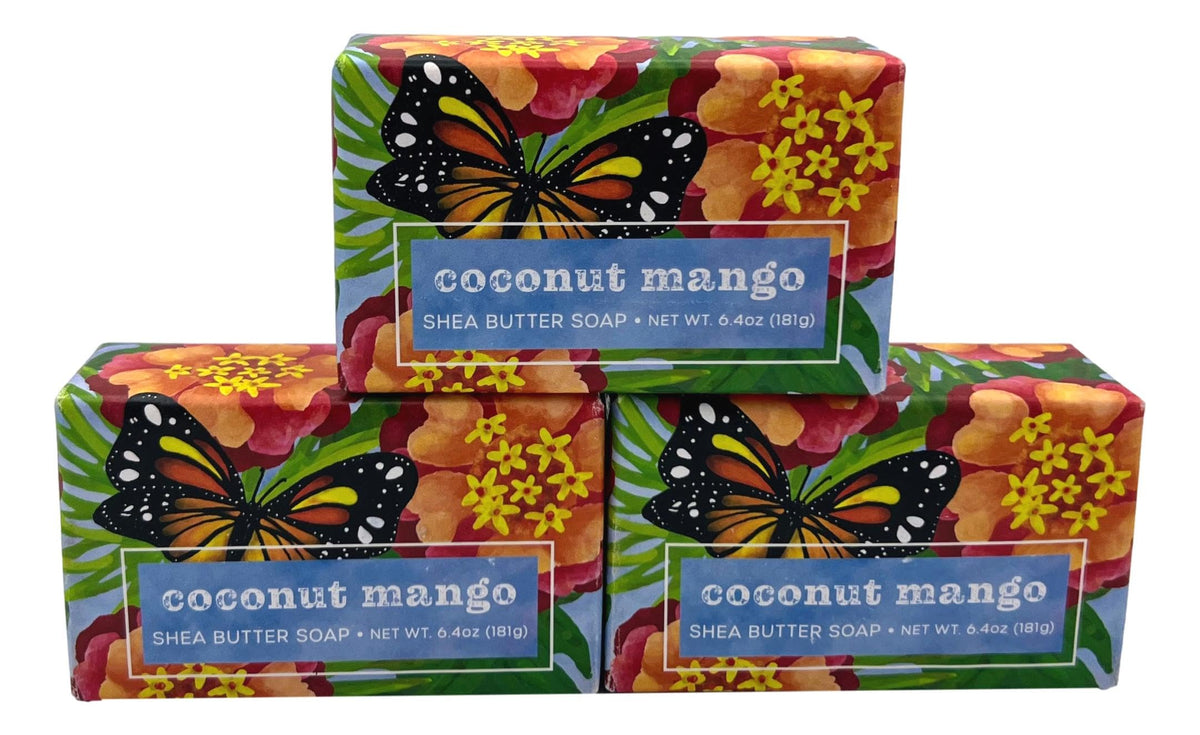 Greenwich Bay Coconut Mango Shea Butter Soap bar closeup mostrando una espuma densa y ingredientes nutritivos