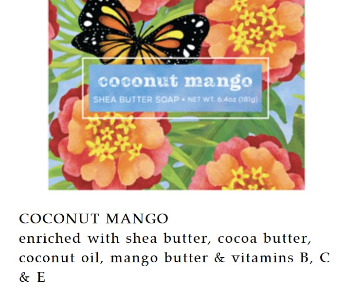 Greenwich Bay Coconut Mango Shea Butter Soap packaging vibrante para regalo o exhibición