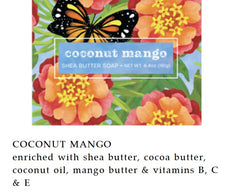 Greenwich Bay Coconut Mango Shea Butter Soap packaging vibrante para regalo o exhibición