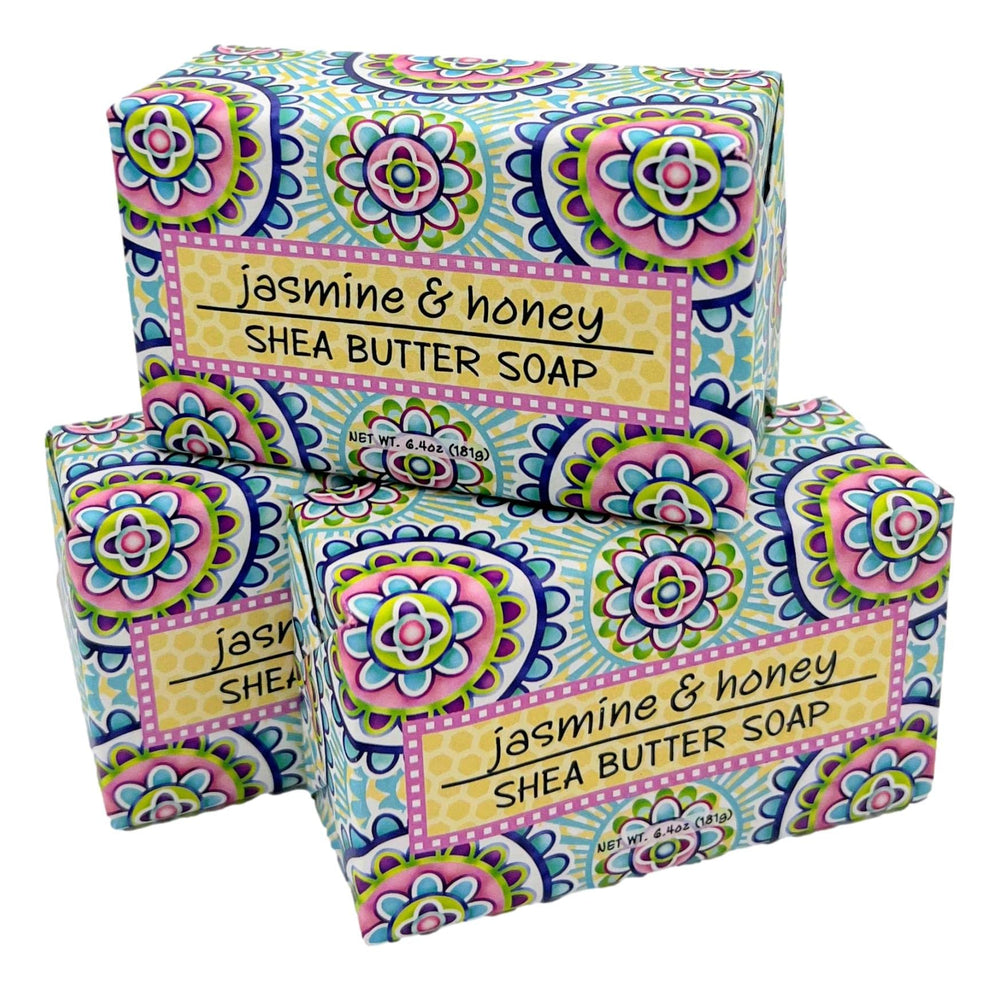 Greenwich Bay Jasmine and Honey soap bar with exfoliating texture for a gentle cleanse.