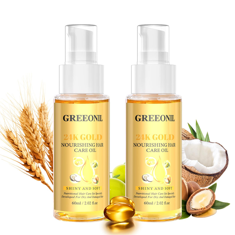 GREEONIL Hair Oil argan bottle close-up highlighting nourishment and shine.