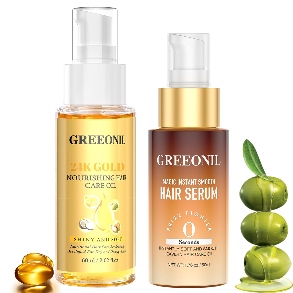 GREEONIL Hair Oil argan bottle for frizz smoothing and shine.