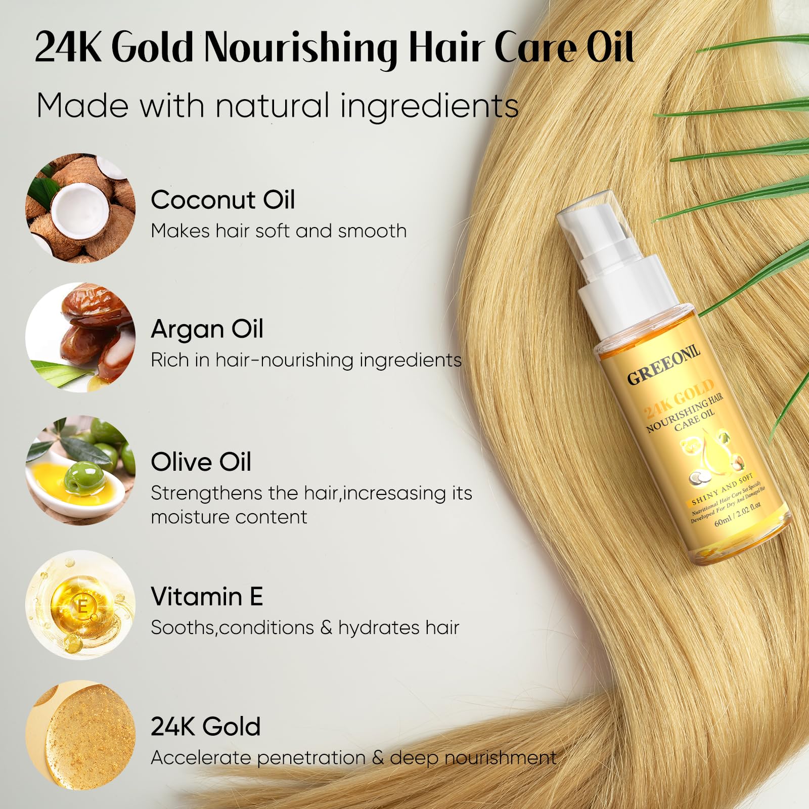 GREEONIL Hair Oil coconut blend bottle highlighting detangling ease.