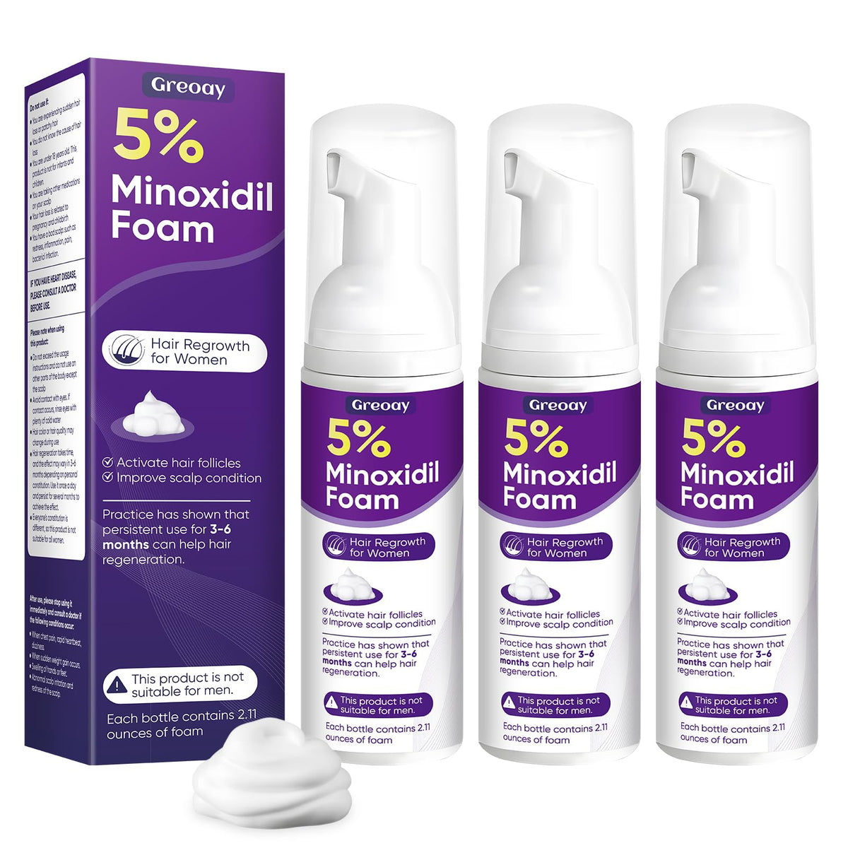 Greoay 5% Minoxidil Foam bottle for women promotes targeted hair growth.
