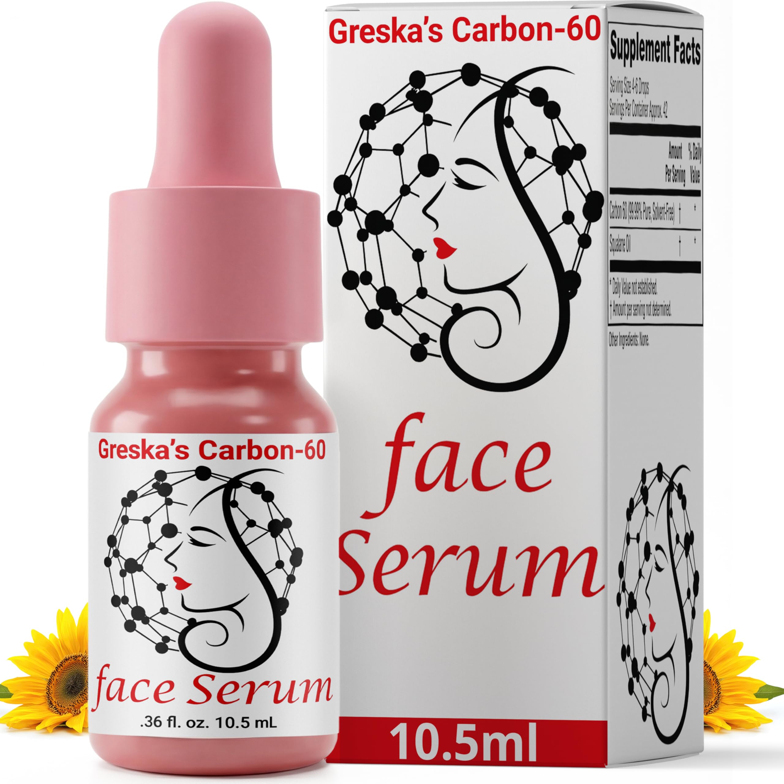 Greska's Carbon-60 serum bottle offering quick-absorbing hydration and antioxidant protection.