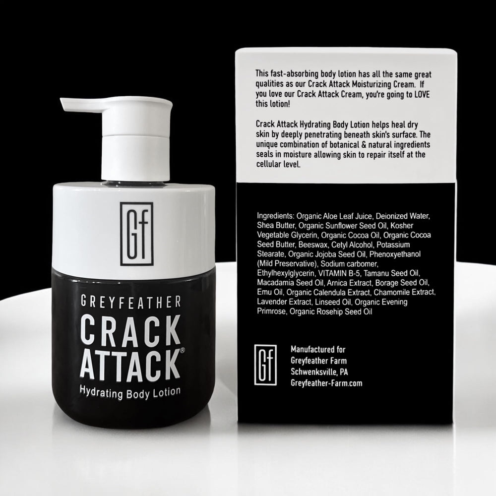 Greyfeather Crack Attack on feet offering soothing relief for dry heels.
