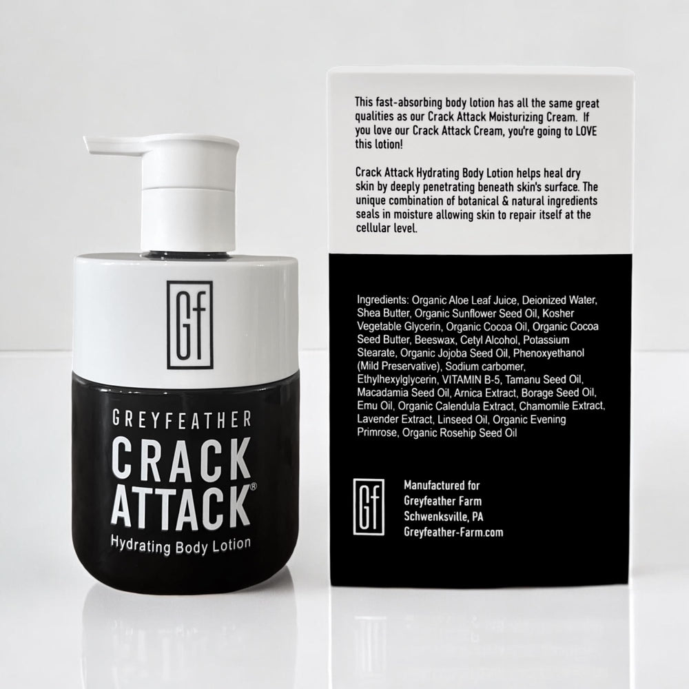 Greyfeather Crack Attack ingredients list featuring Aloe and Shea Butter.