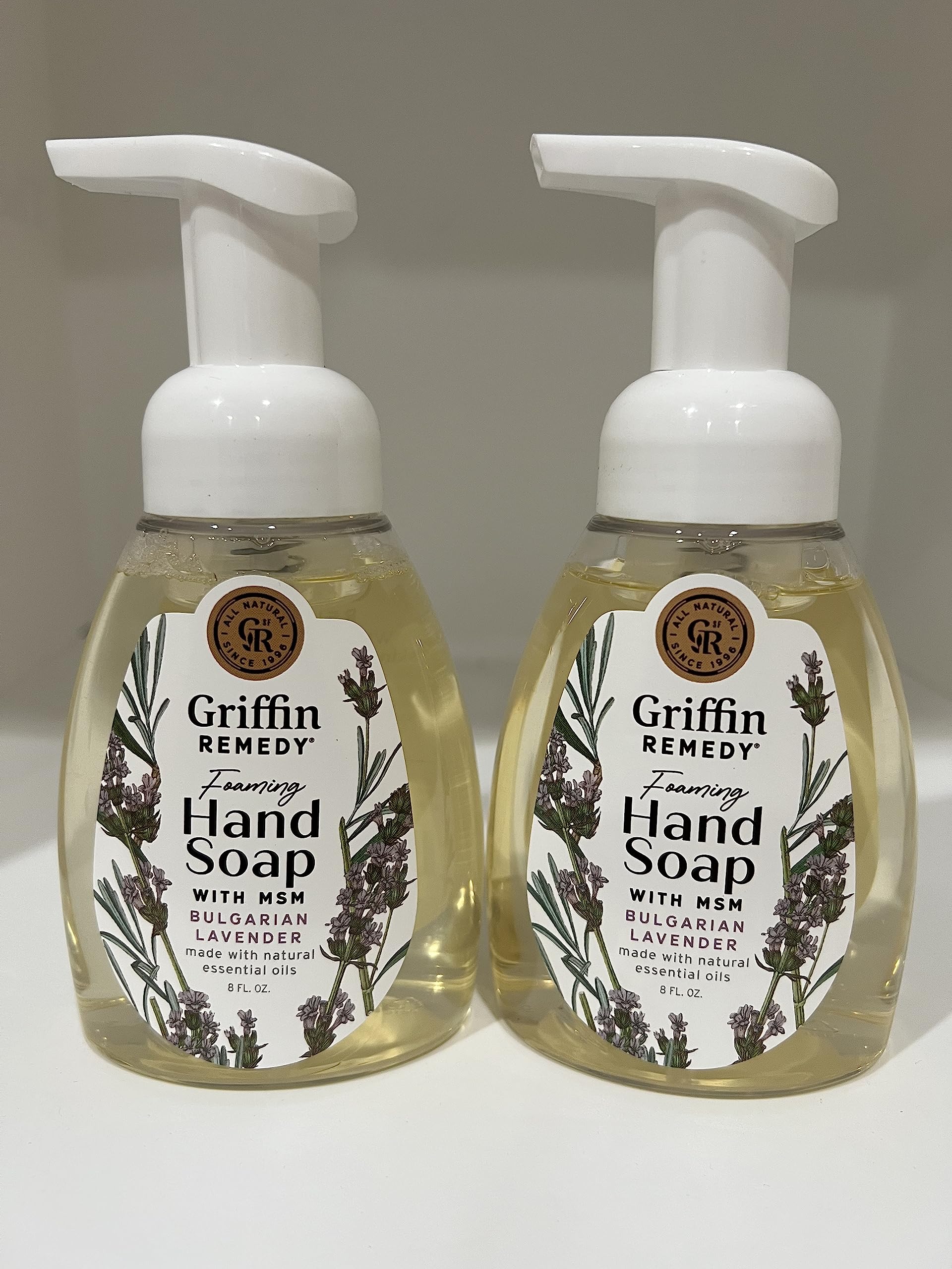 Griffin Remedy lavender pump bottle showing moisturizing foam for daily use