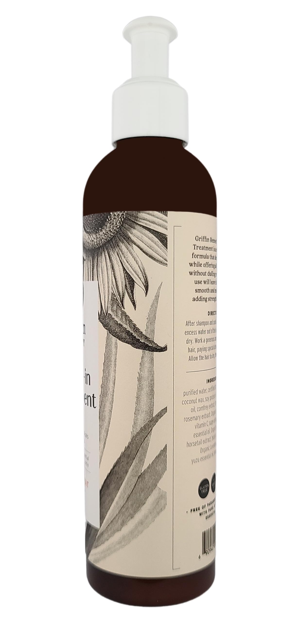 Griffin Remedy Leave-In ingredients label close-up with chamomile, nettle, lavender.