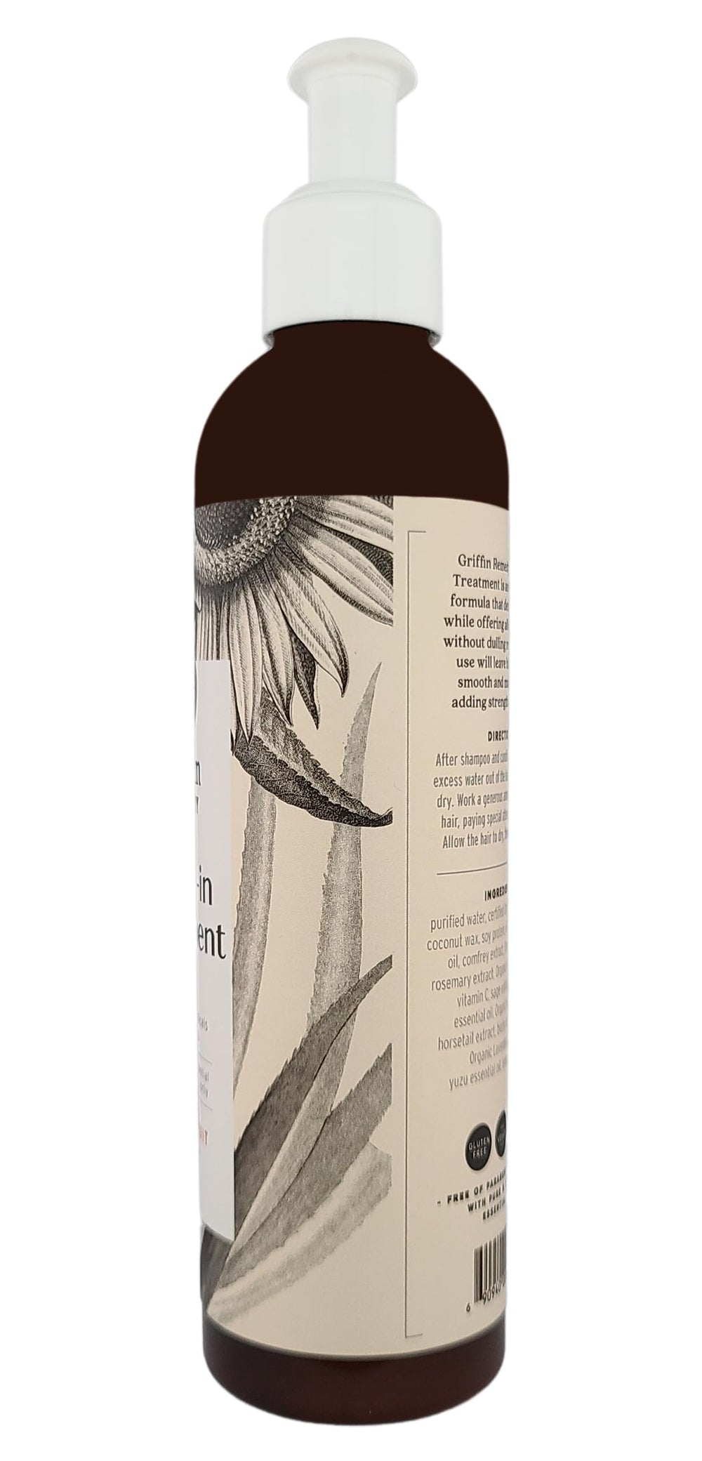 Griffin Remedy Leave-In ingredients label close-up with chamomile, nettle, lavender.