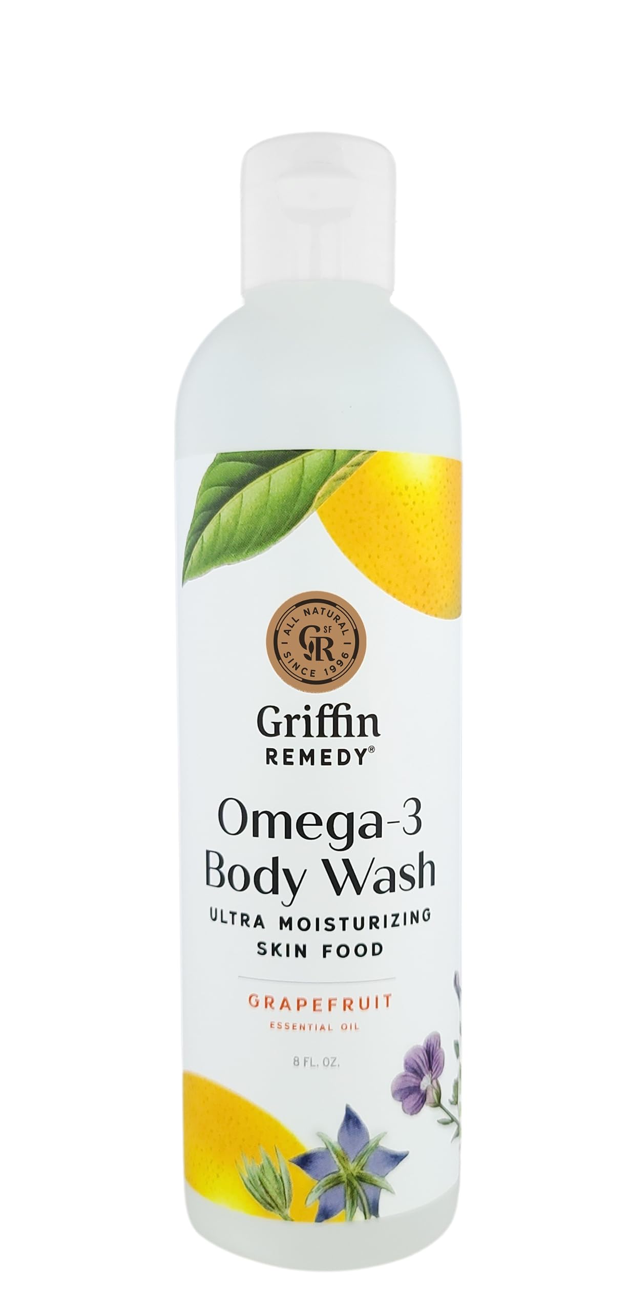 Griffin Remedy Omega-3 Body Wash bottle with grapefruit scent nourishes skin.