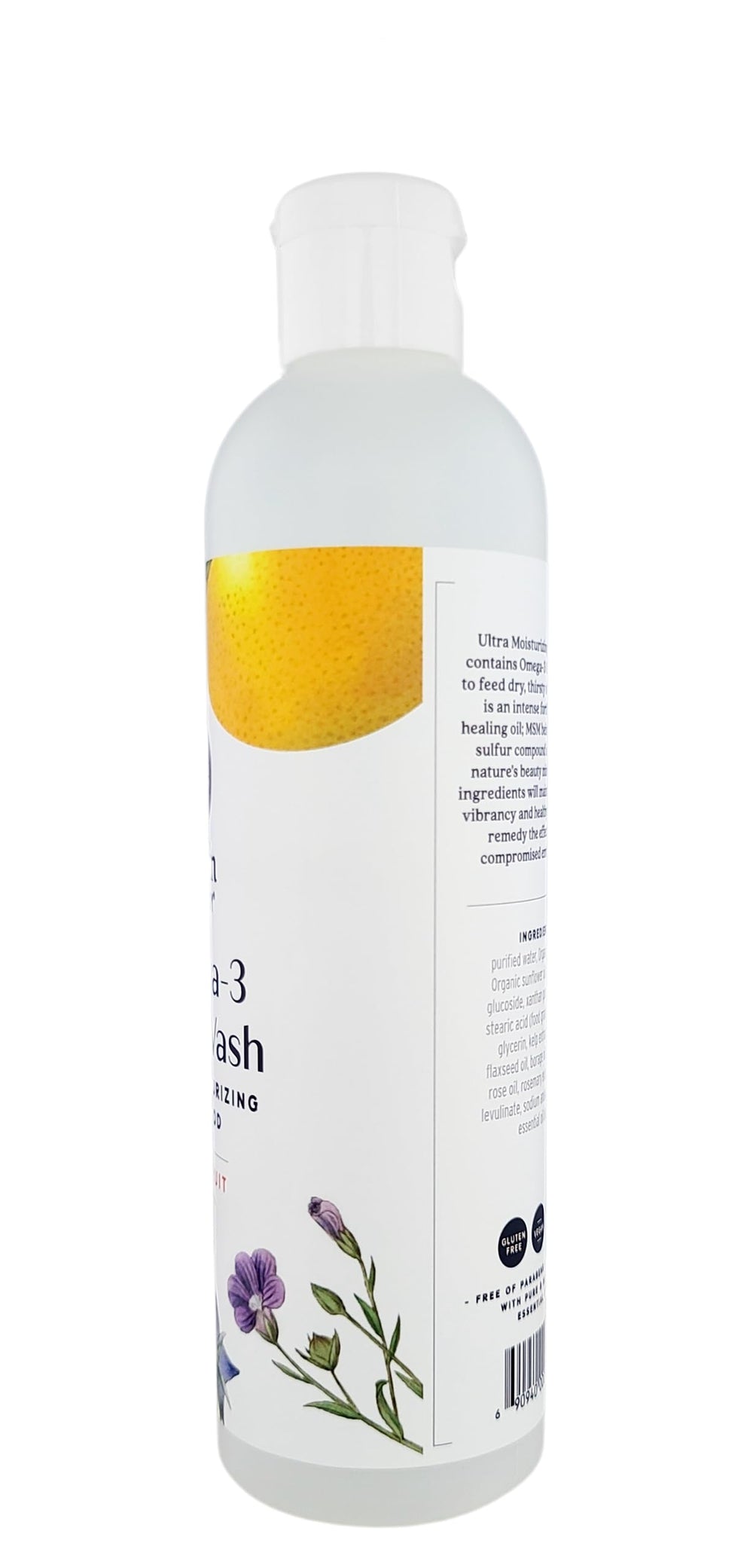 Griffin Remedy Omega-3 Body Wash ingredient panel highlights natural oils and MSM.
