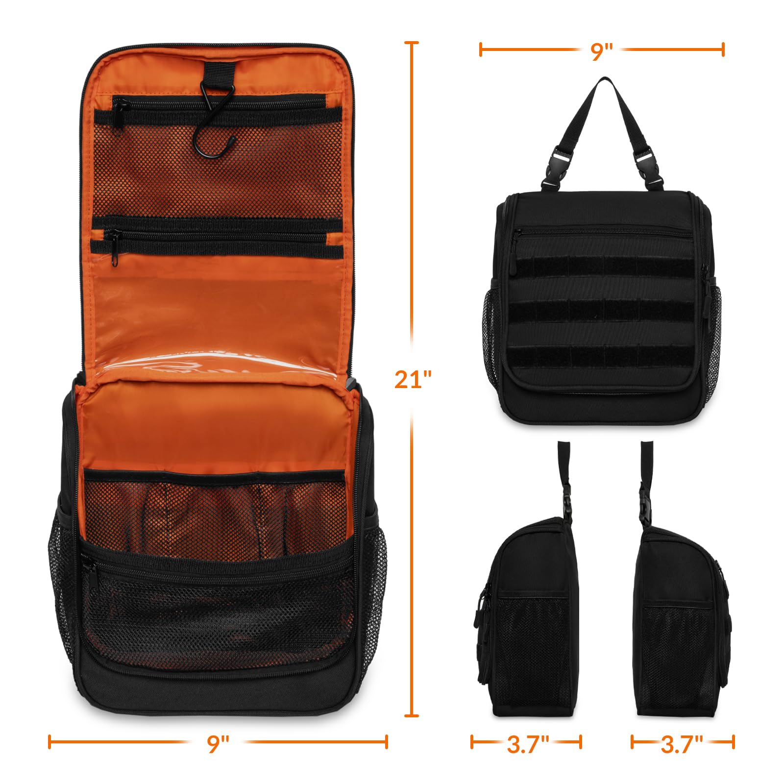 GRIO tactical toiletry bag hanging on towel rack for easy access