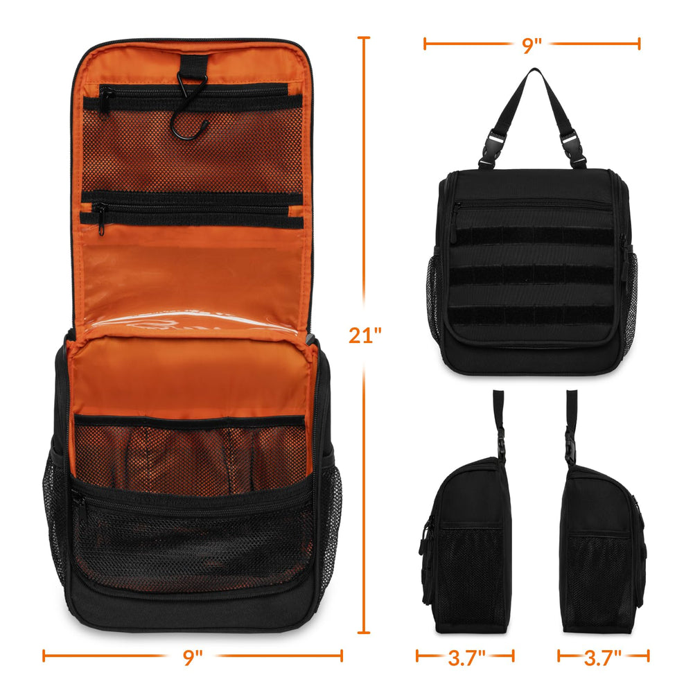 GRIO tactical toiletry bag hanging on towel rack for easy access