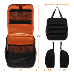 GRIO tactical toiletry bag hanging on towel rack for easy access