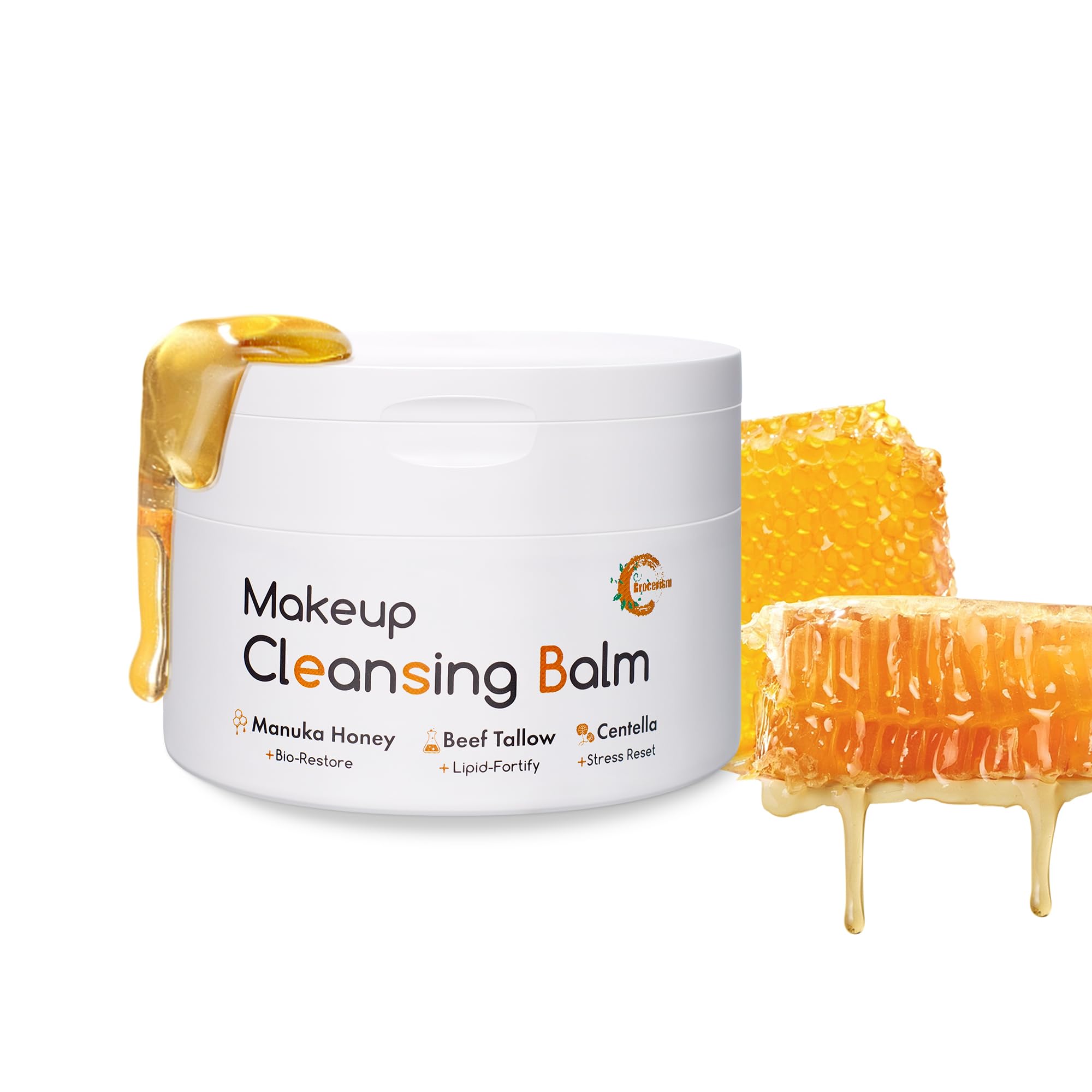 Grocerism Cleansing Balm packaging highlights Manuka honey and grass-fed tallow for gentle cleansing.