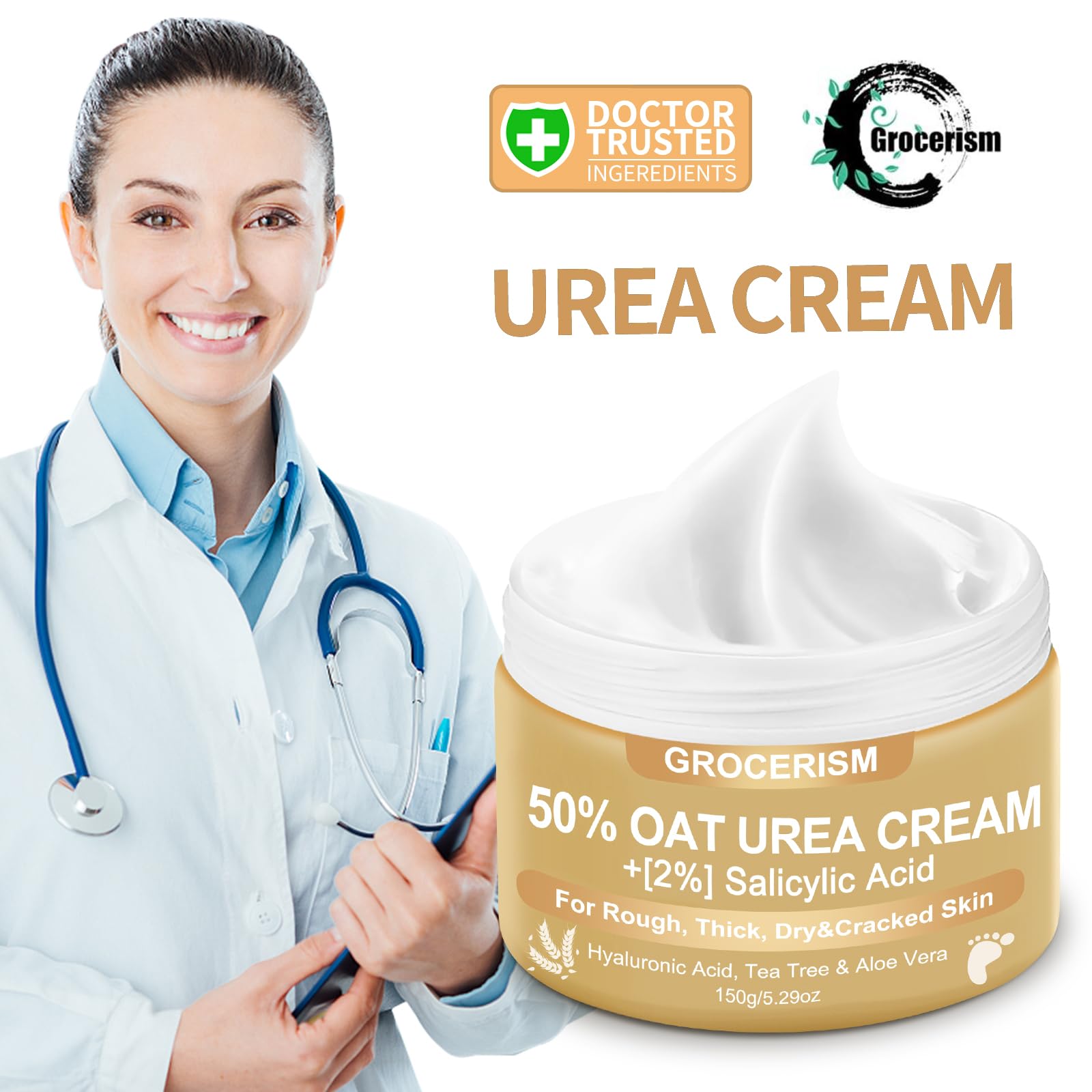 Grocerism Oat Urea Cream being applied to hands for daily care