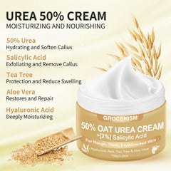 Grocerism Oat Urea Cream on a dry heel for smoothing rough skin