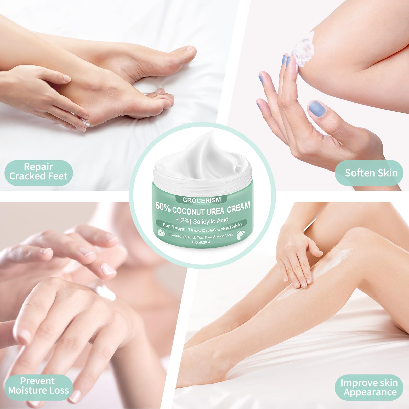 Close-up of Grocerism Urea Cream texture showing quick absorption and non-greasy feel.