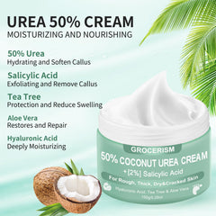 Grocerism Urea Cream with aloe and hyaluronic acid shows hydration and barrier support.