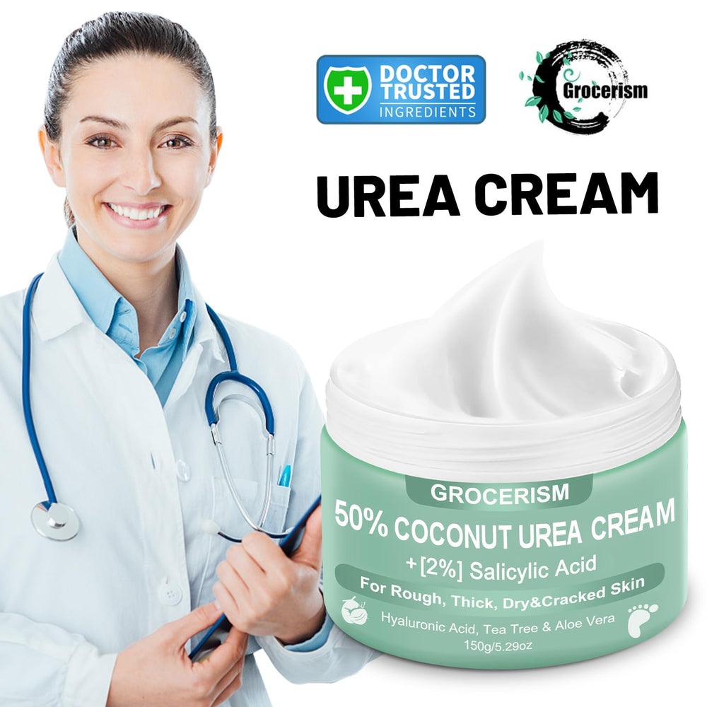 Grocerism Urea Cream coconut formula tube highlights cleansing and moisture retention.