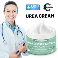Grocerism Urea Cream coconut formula tube highlights cleansing and moisture retention.