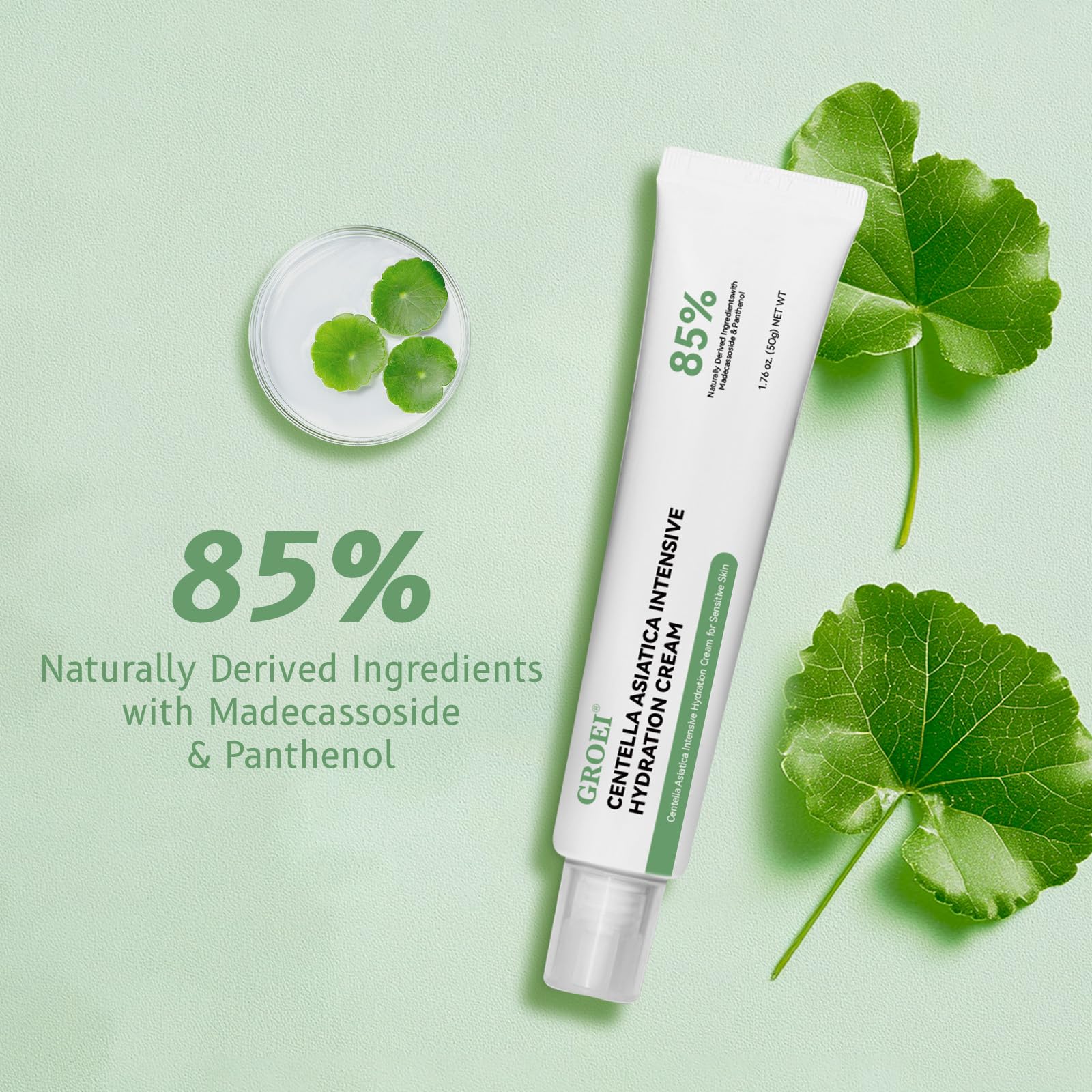 Close-up of GROEI cream texture highlighting lightweight, non-greasy hydration