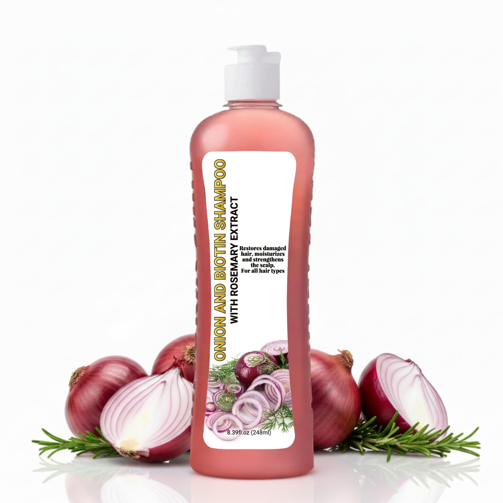 GROEI Onion & Biotin Shampoo bottle highlights concentrated formula for thicker-feeling hair.