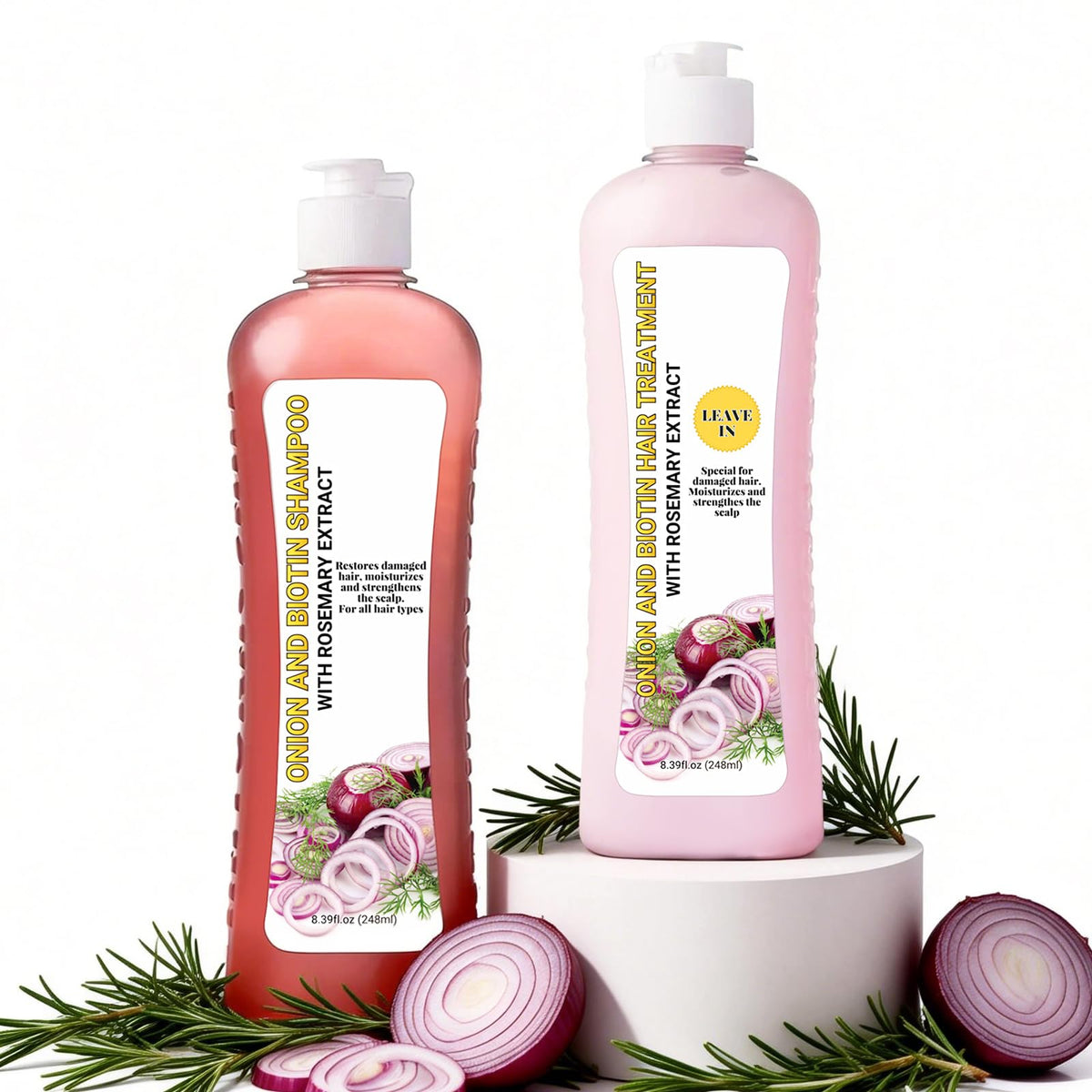 GROEI onion biotin rosemary shampoo bottle cleanses and strengthens hair strands.