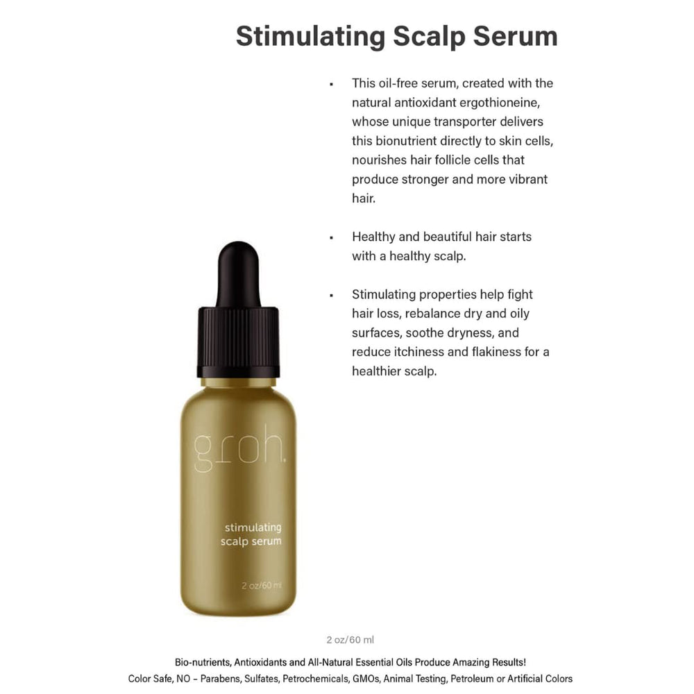 Groh Stimulating Scalp Serum application scene suggests gentle scalp massage