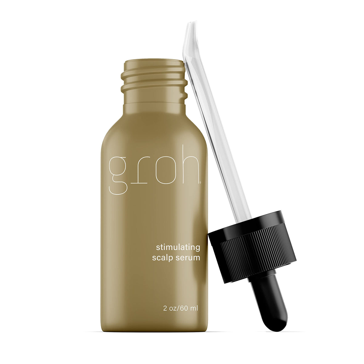 Groh Stimulating Scalp Serum bottle demonstrates an oil-free formula for healthier-looking hair