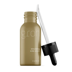 Groh Stimulating Scalp Serum bottle demonstrates an oil-free formula for healthier-looking hair