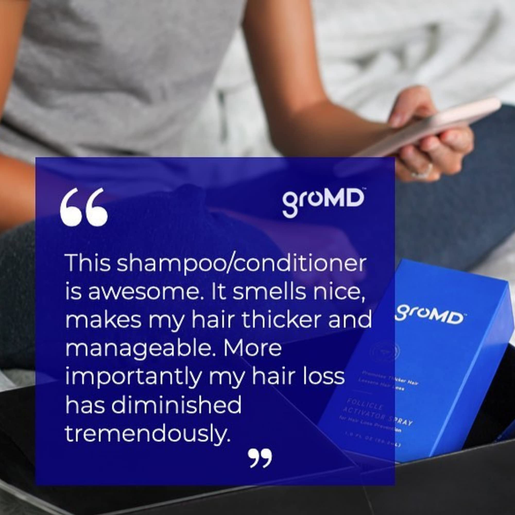 GroMD copper peptides illustration suggests anti-inflammatory support for scalp comfort.