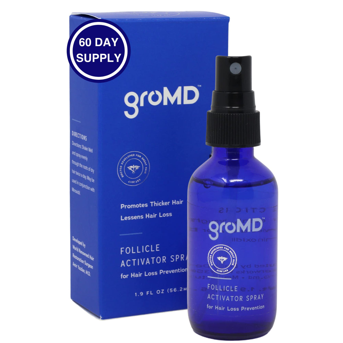 GroMD hair loss serum bottle shown for easy daily use with thinning hair.