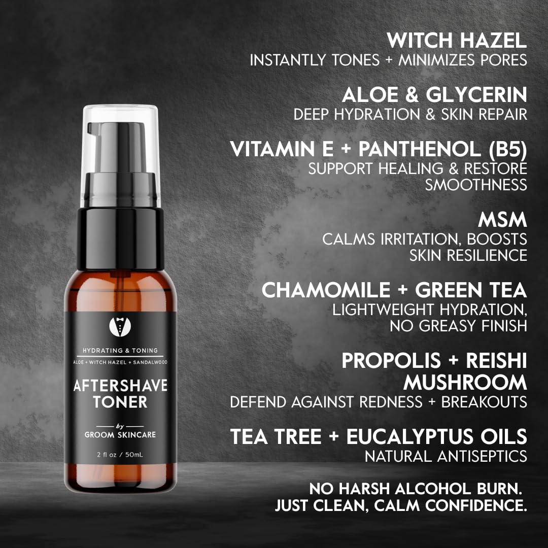 Groom After Shave Toner aloe chamomile image emphasizes soothing hydration for irritated skin.