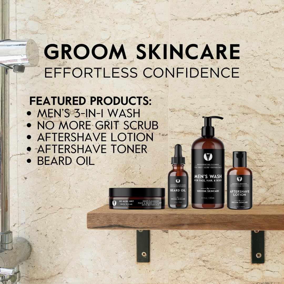 Groom After Shave Toner packaging box conveys a clean, premium grooming routine.