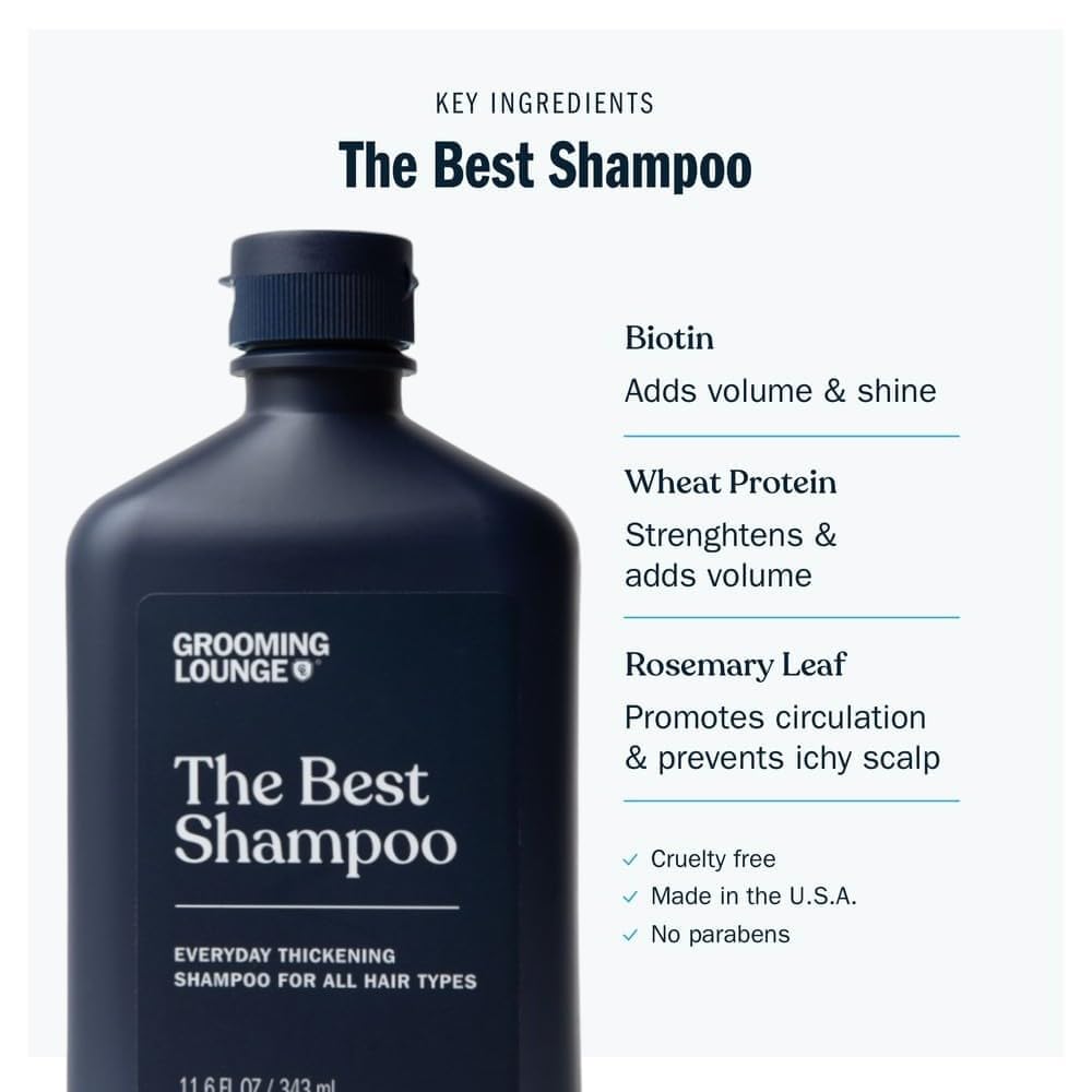 Grooming Lounge Best Shampoo for Men bottle close-up highlights vegan, sulfate-free formula.