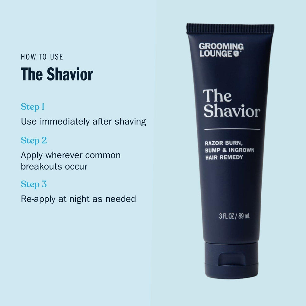 Grooming Lounge Shavior Post Shave Remedy bottle reduces razor burn for comfortable, smooth skin