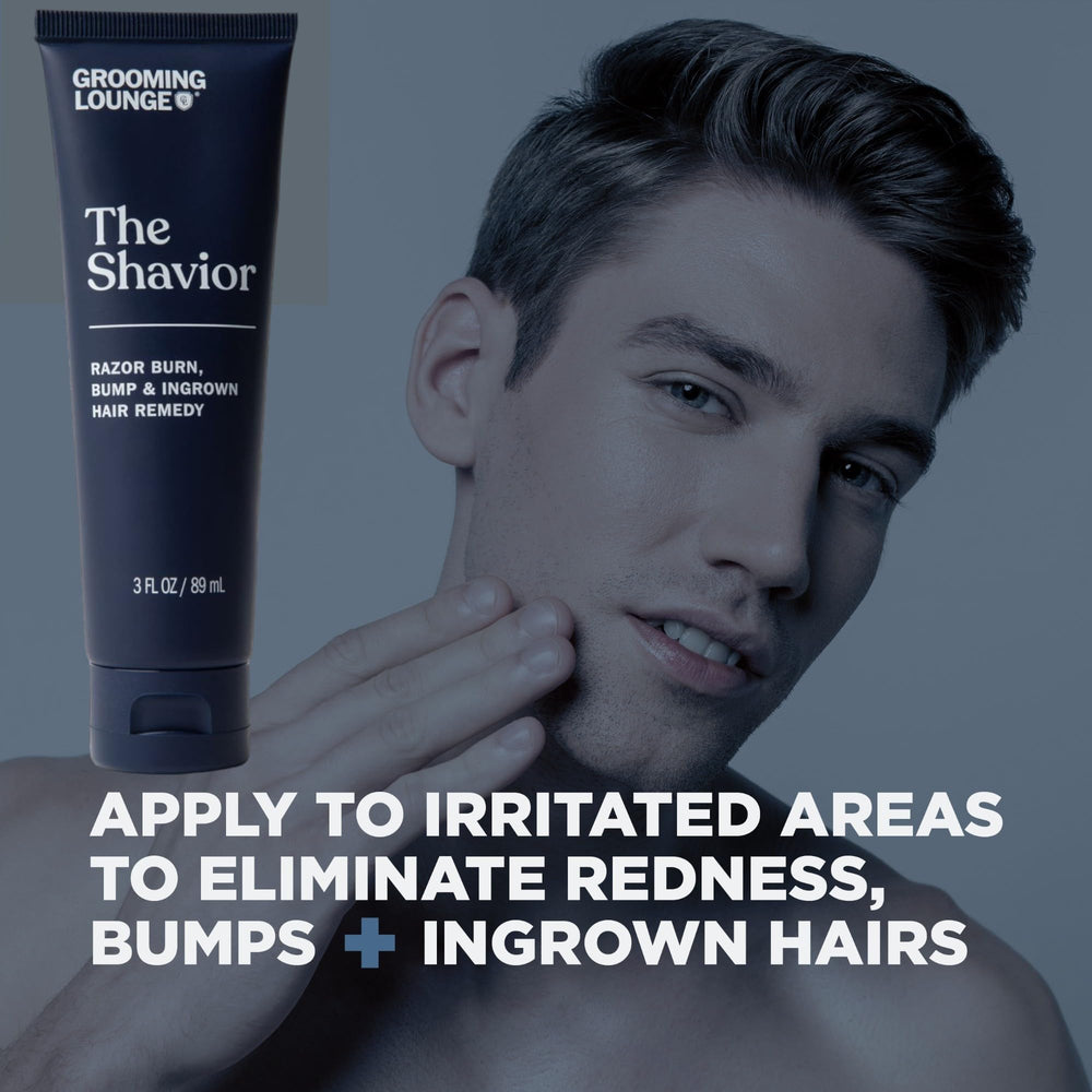 Grooming Lounge Shavior Post Shave Remedy bottle supports cleaner, calmer skin after shaving