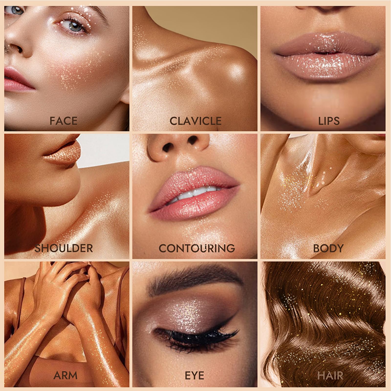 Grospe Arm shimmer adds radiance to skin.