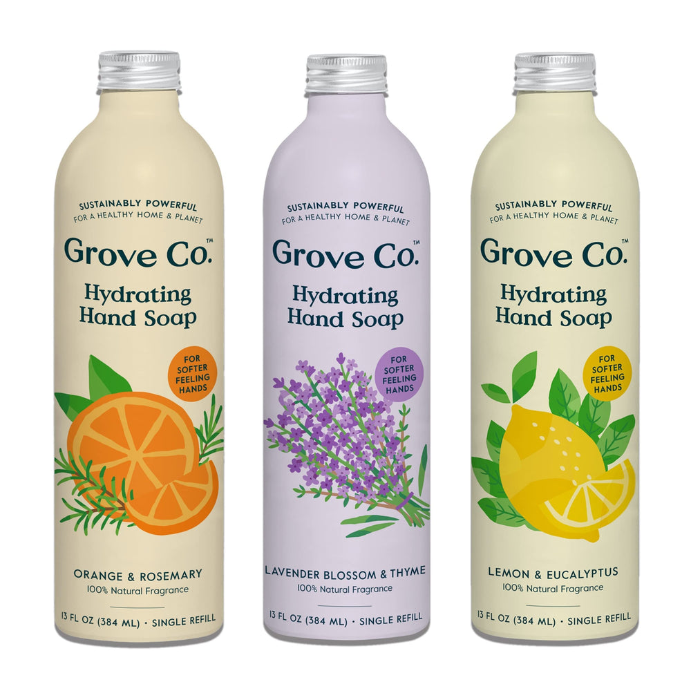 Grove Co. Lemon-Eucalyptus refill showing hydrating aloe for soft hands.
