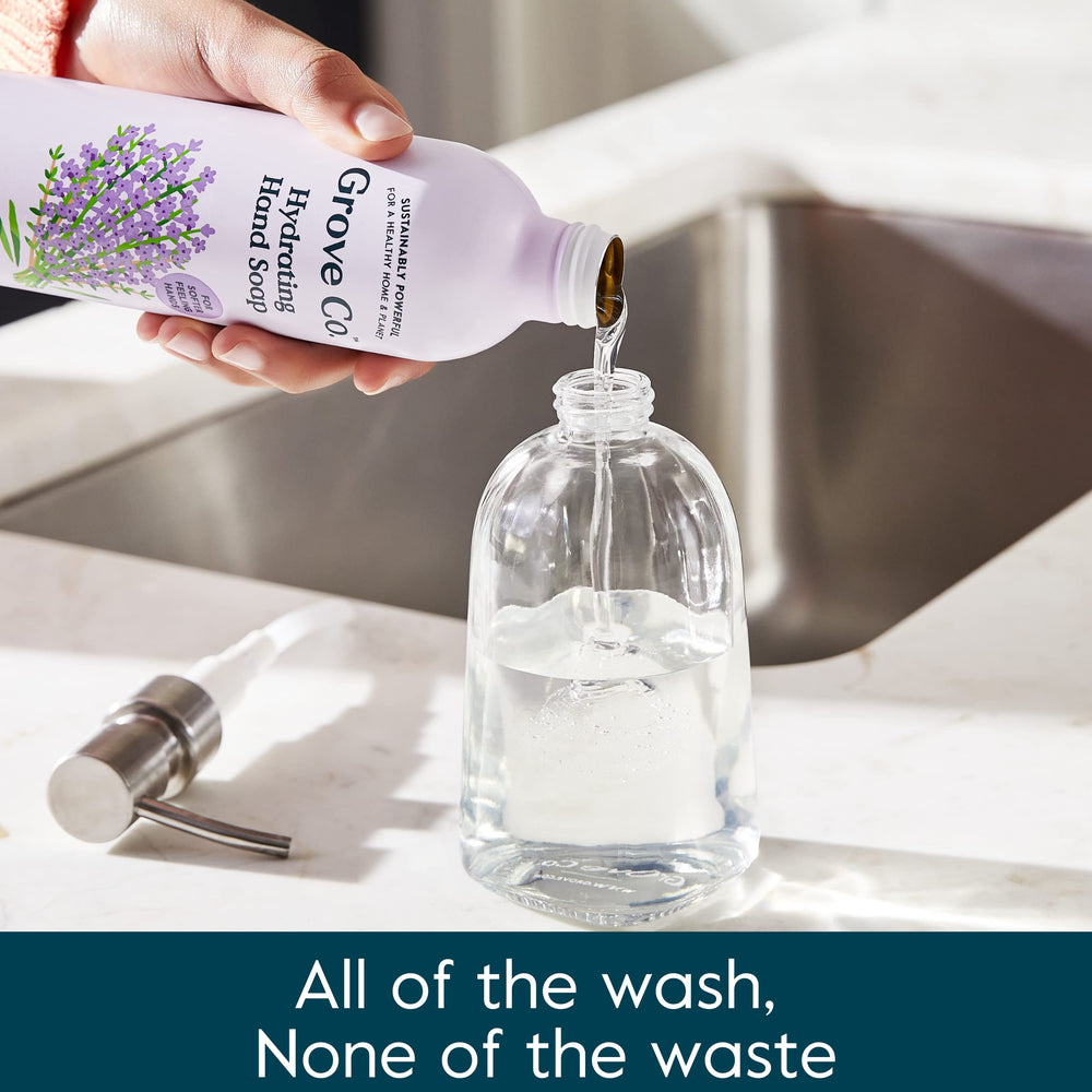 Two hand soap refills with dispenser shown for an easy home setup.