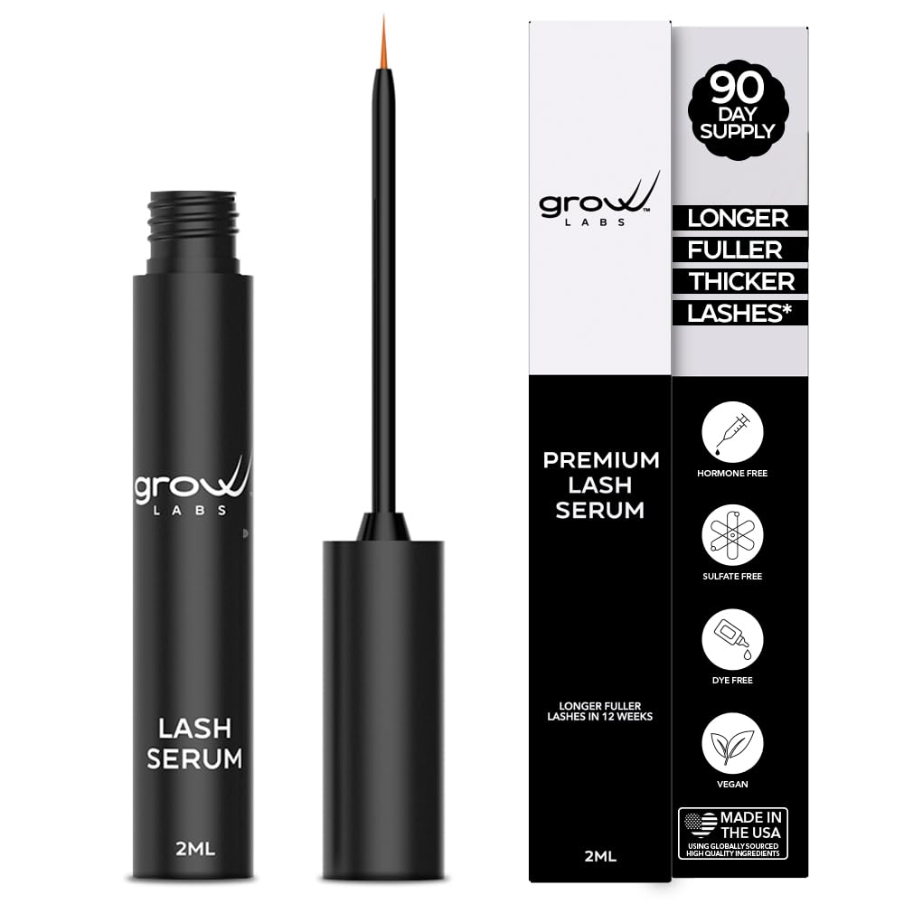 Grow Labs Lash Serum bottle on a vanity for stronger, fuller-looking lashes