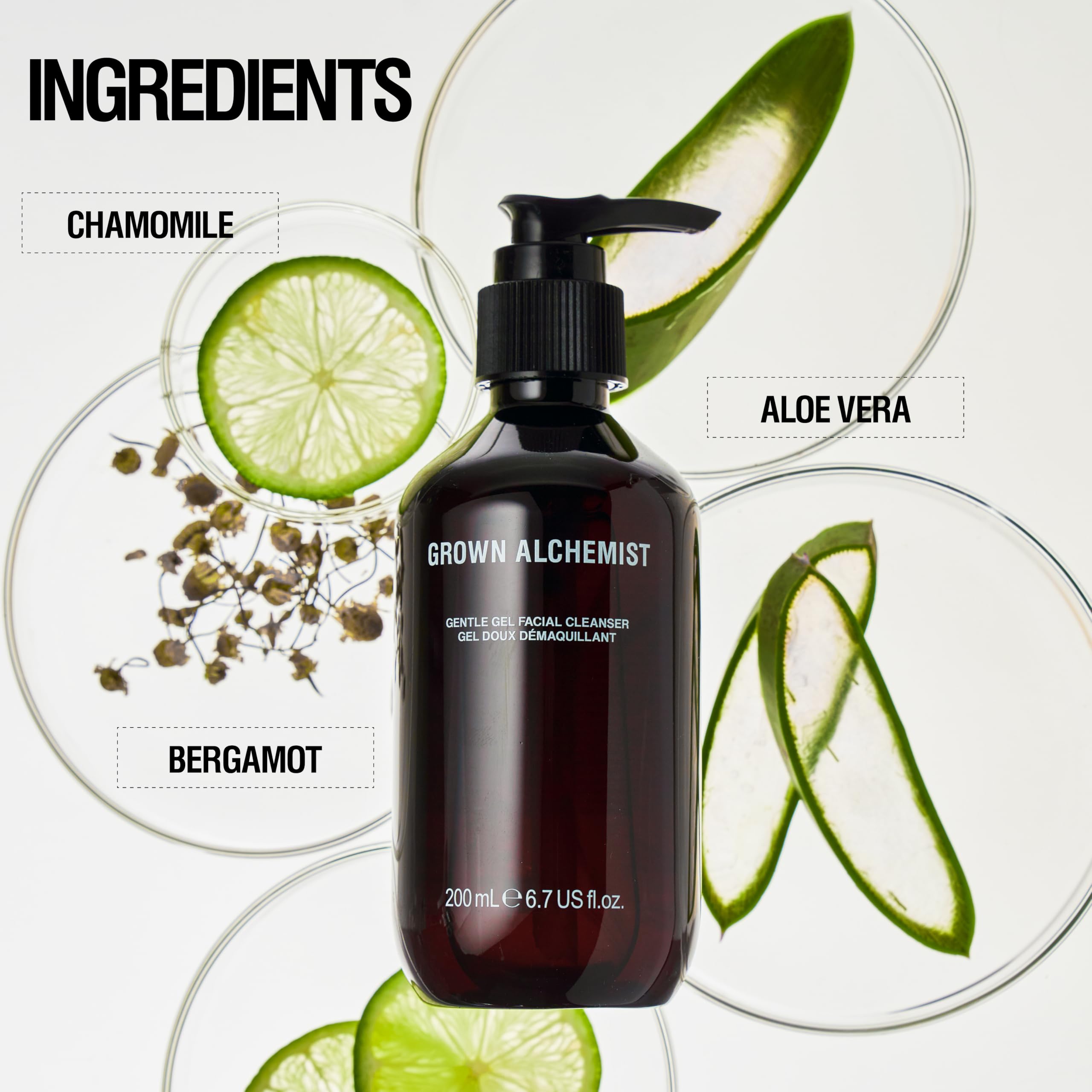 Aloe Vera and Chamomile blend in the cleanser formula.