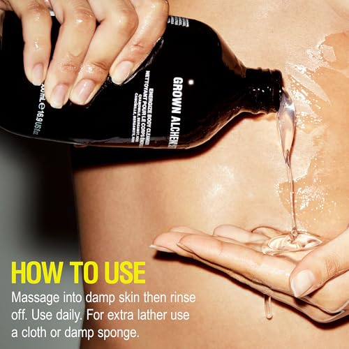 Grown Alchemist Energize Body Cleanser on bathroom shelf, premium vegan skincare.